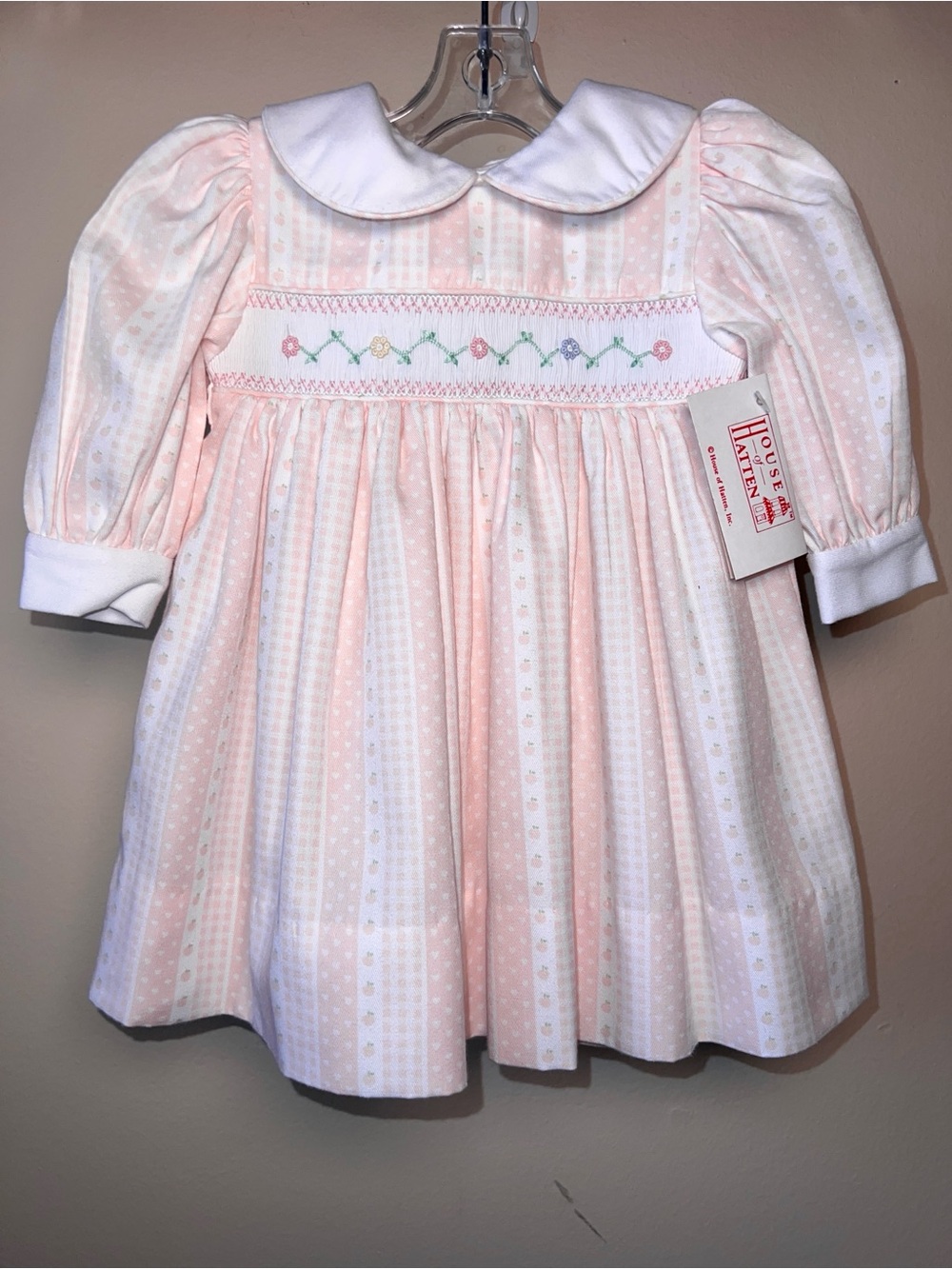 VTG House of Hatten Hand Smocked Baby Dress in Soft Peach/Pink with White Collar